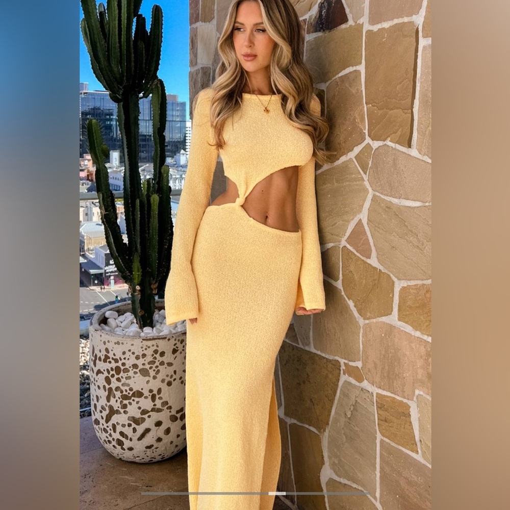 Arya Yellow Long Sleeve Knit Maxi Dress Beginning Boutique